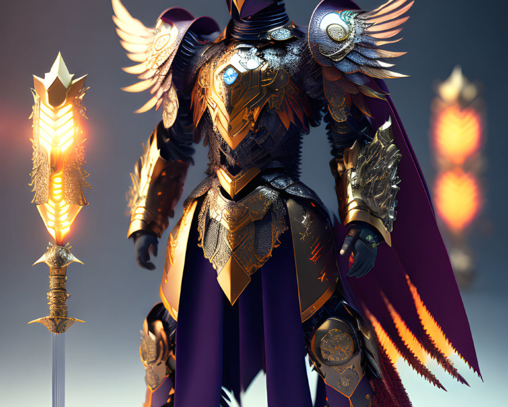 Golden armored fantasy knight with wings and spear on soft-lit background