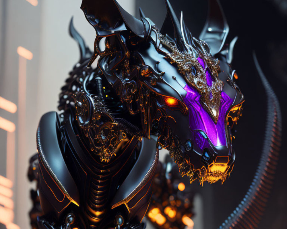 Detailed futuristic dragon robot with black and gold armor, purple glowing eyes, and metallic horns.