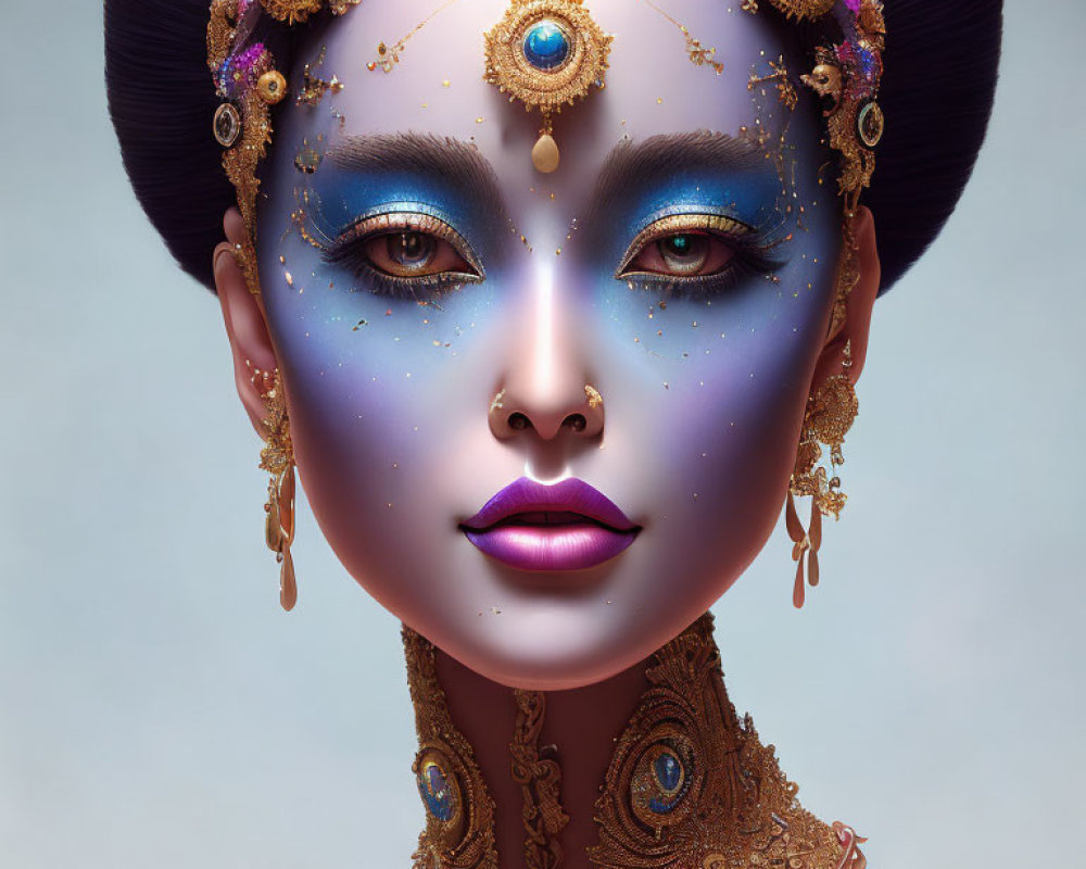 Digital Artwork: Woman with Gold Adornments, Blue Skin, Galaxy Makeup