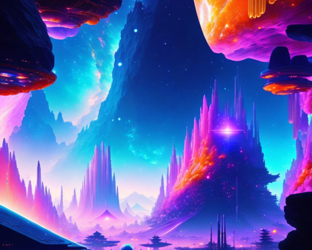 Colorful alien landscape with floating islands and futuristic structures