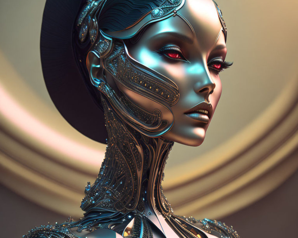 Female Figure with Futuristic Cybernetic Enhancements on Gold Background