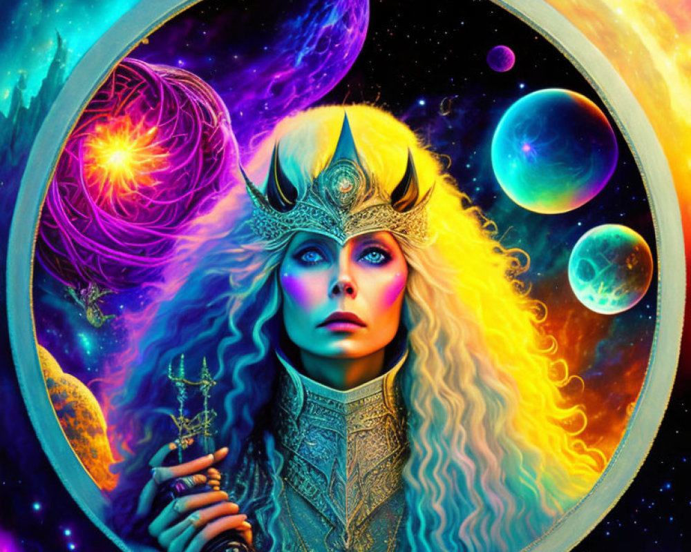 Colorful Cosmic Artwork Featuring Woman with Ornate Headgear