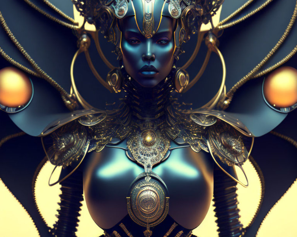 Blue-skinned figure in ornate headdress and armor with futuristic vibe