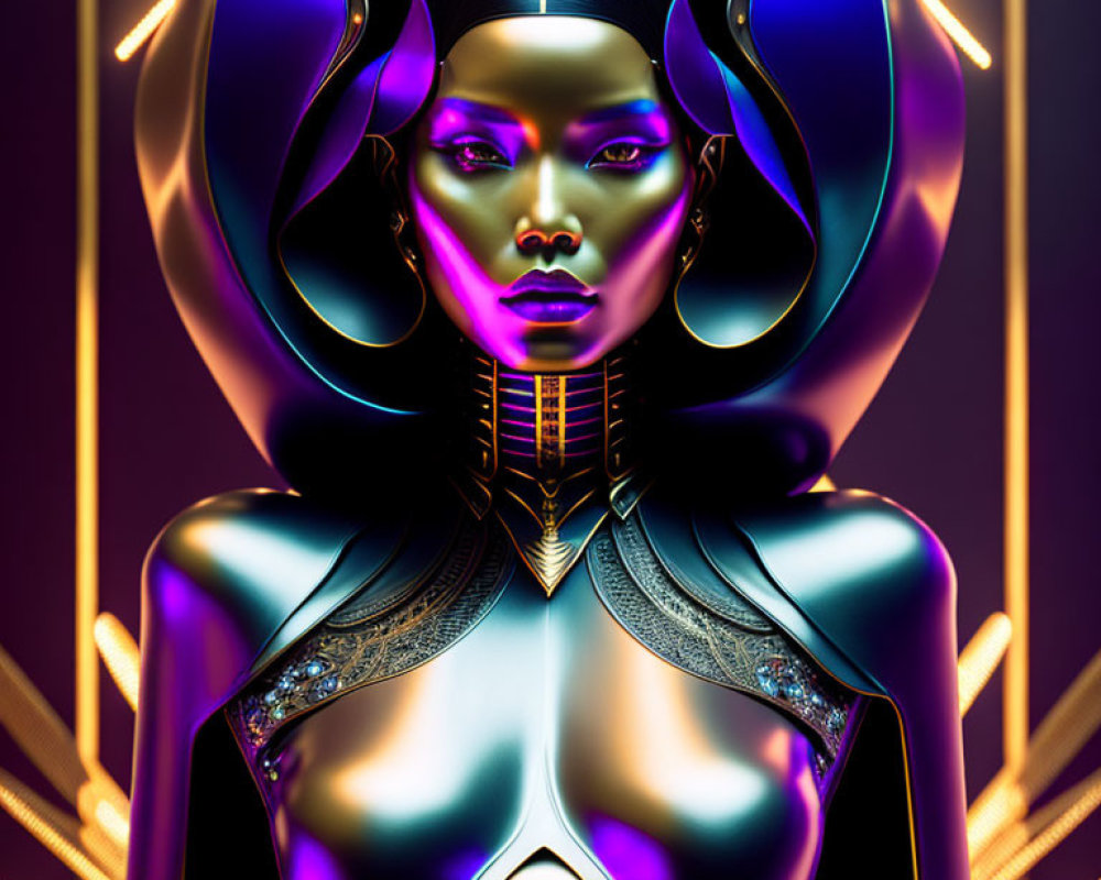 Futuristic female figure in golden and purple hues with metallic elements and horned headpiece in neon