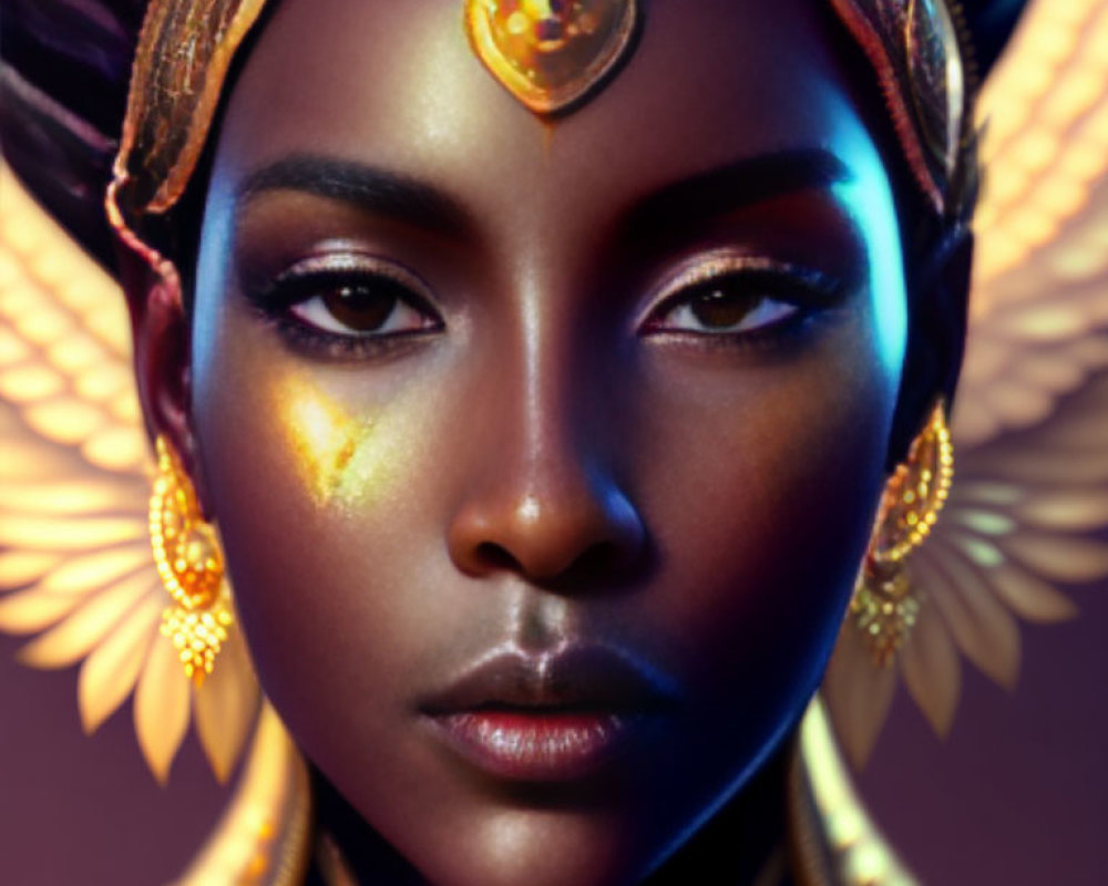 Woman with Golden Makeup Highlights and Ornate Accessories Portrait