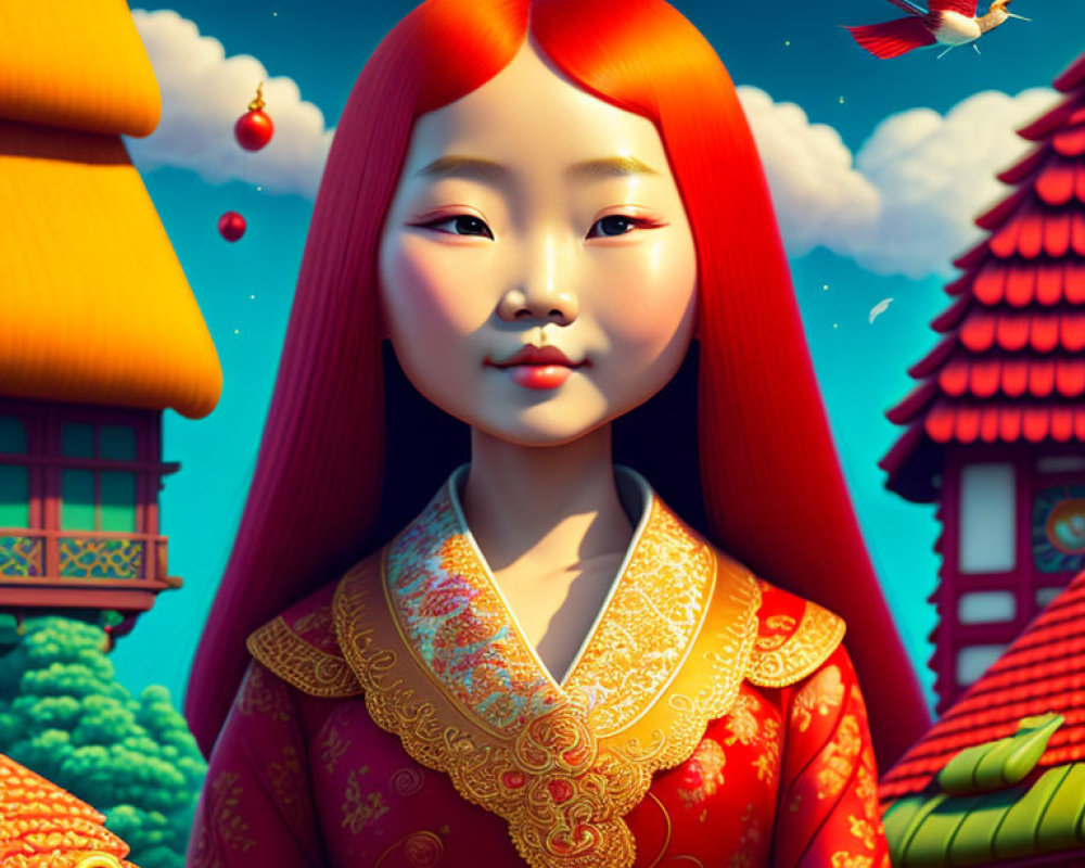 Vibrant red-haired girl in Asian attire with whimsical background