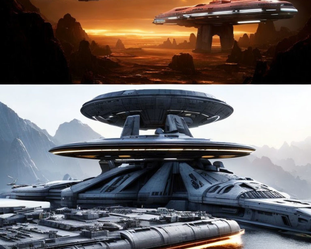 Alien landscape with futuristic spaceships and starship on landing platform