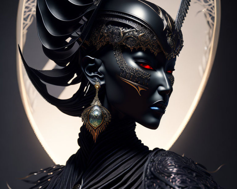 Detailed 3D rendering of dark-skinned female figure with ornate headgear and facial markings