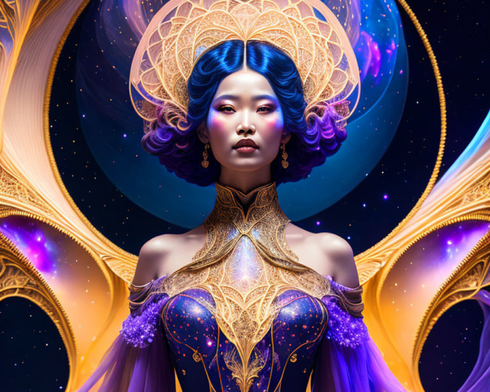 Digital art portrait of woman with blue hair in gold armor and purple dress against cosmic swirl background