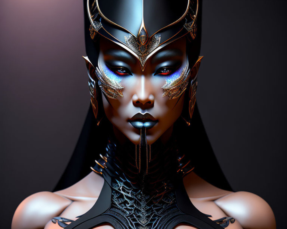 Female character digital artwork: golden headgear, red eyes, black outfit.