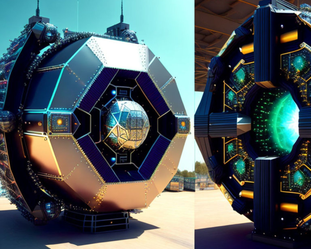 Futuristic spherical structure with glowing blue energy core