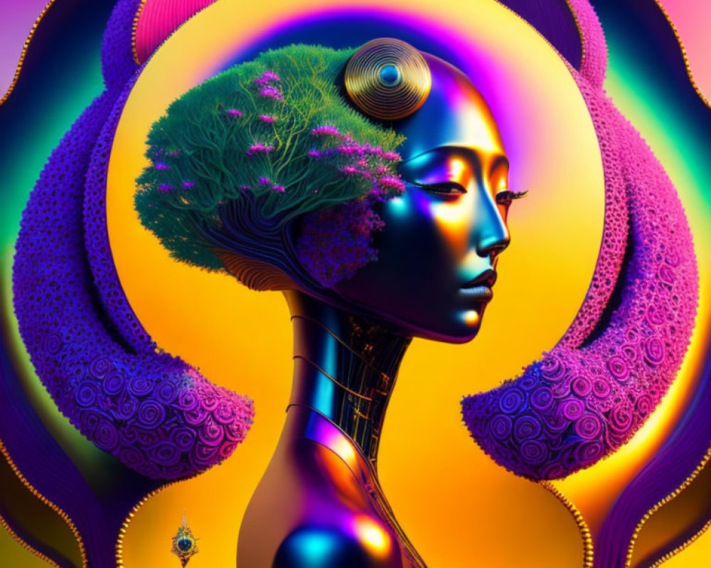 Surreal portrait with tree brain, neon colors, cosmic and natural elements