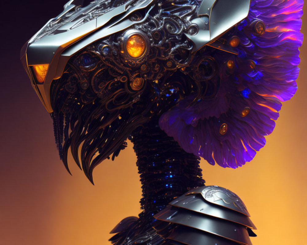 Intricate Metallic Robotic Head with Purple Plumage on Orange Gradient Background