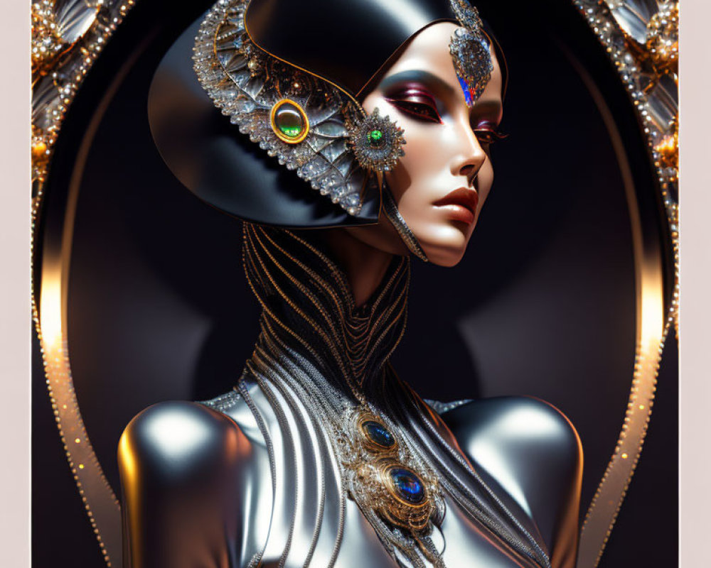 Futuristic female mannequin with metallic skin and elaborate headdress in framed backdrop