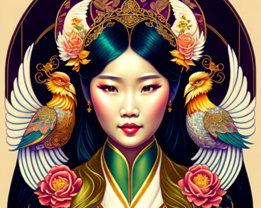 Traditional East Asian woman illustration with phoenix headdress and floral backdrop