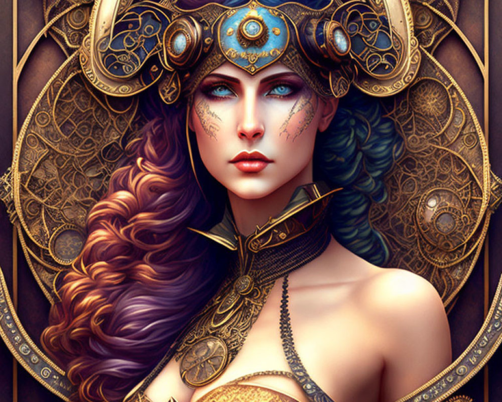 Intricate fantasy art: woman with golden headgear, blue eyes, multicolored hair,