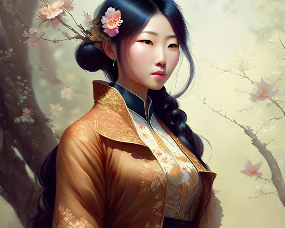 Illustrated portrait of woman with long black hair and flowers in traditional clothing against blooming branches.