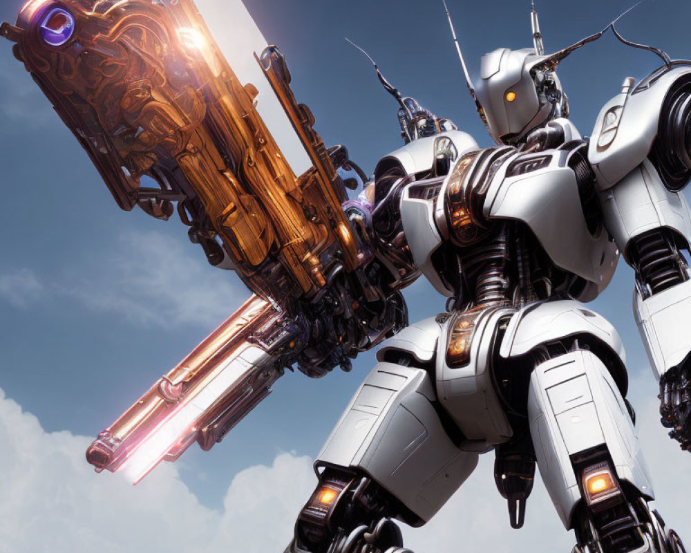 Intricate designs of two towering robots with glowing weapons against clear sky