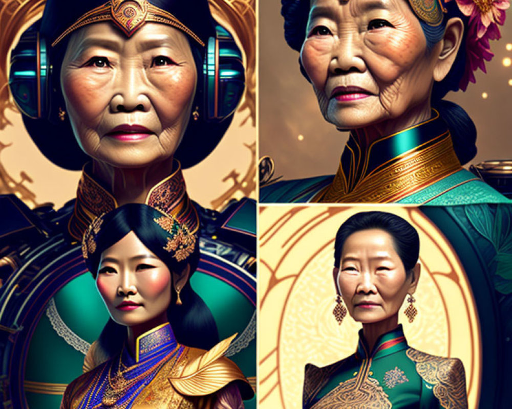 Stylized portraits of Asian woman in traditional attire with futuristic elements