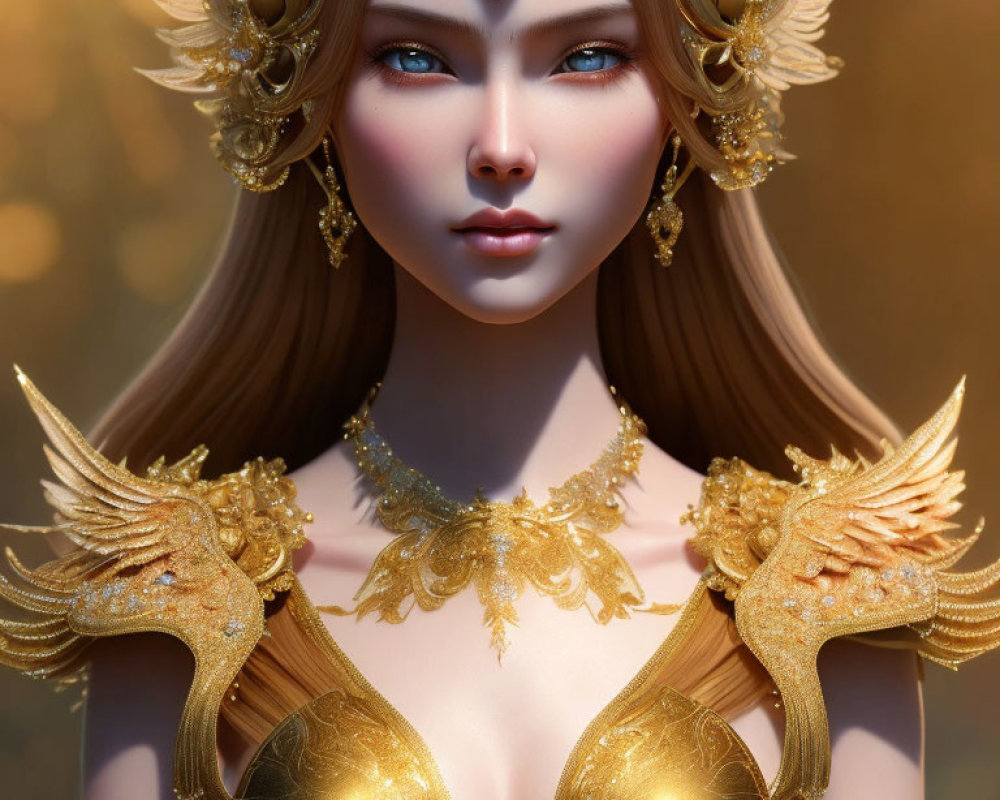 Golden-armored fantasy female character with blue eyes and ornate headpiece against blurred golden background