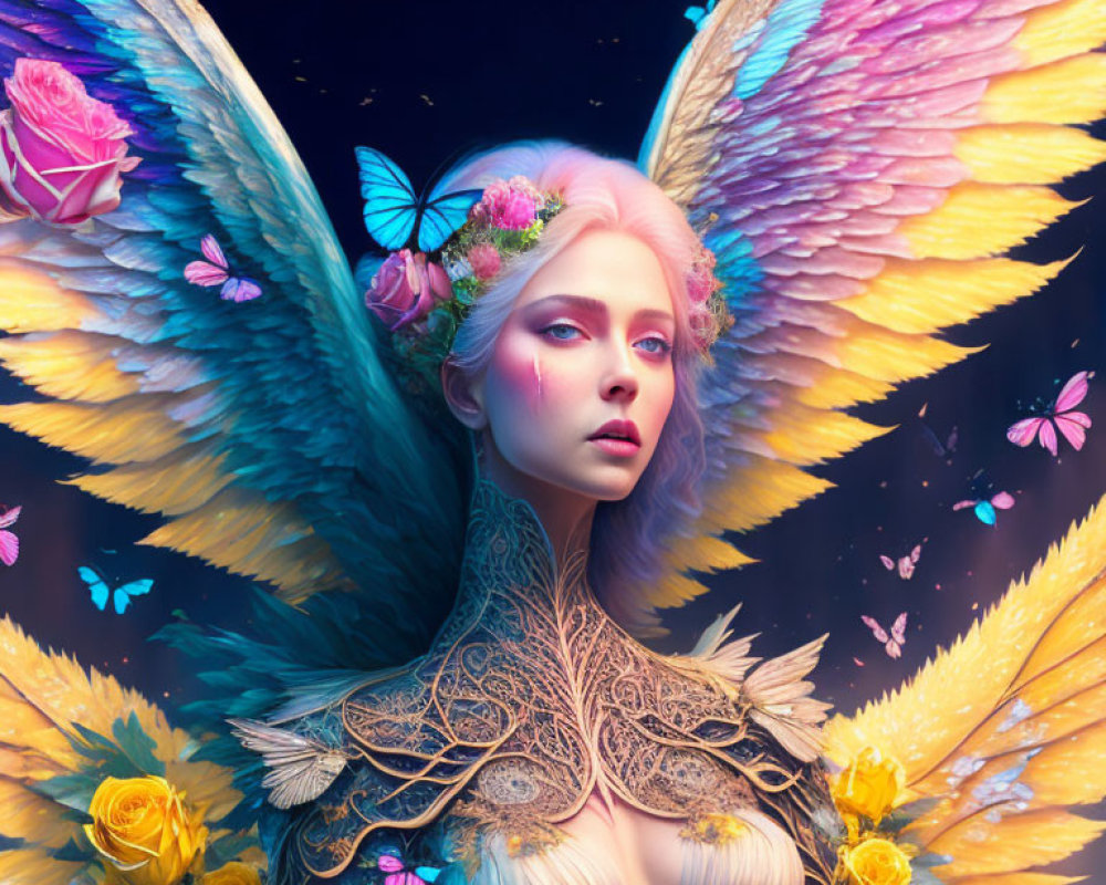 Colorful Woman with Flower Wings in Vibrant Blue Setting