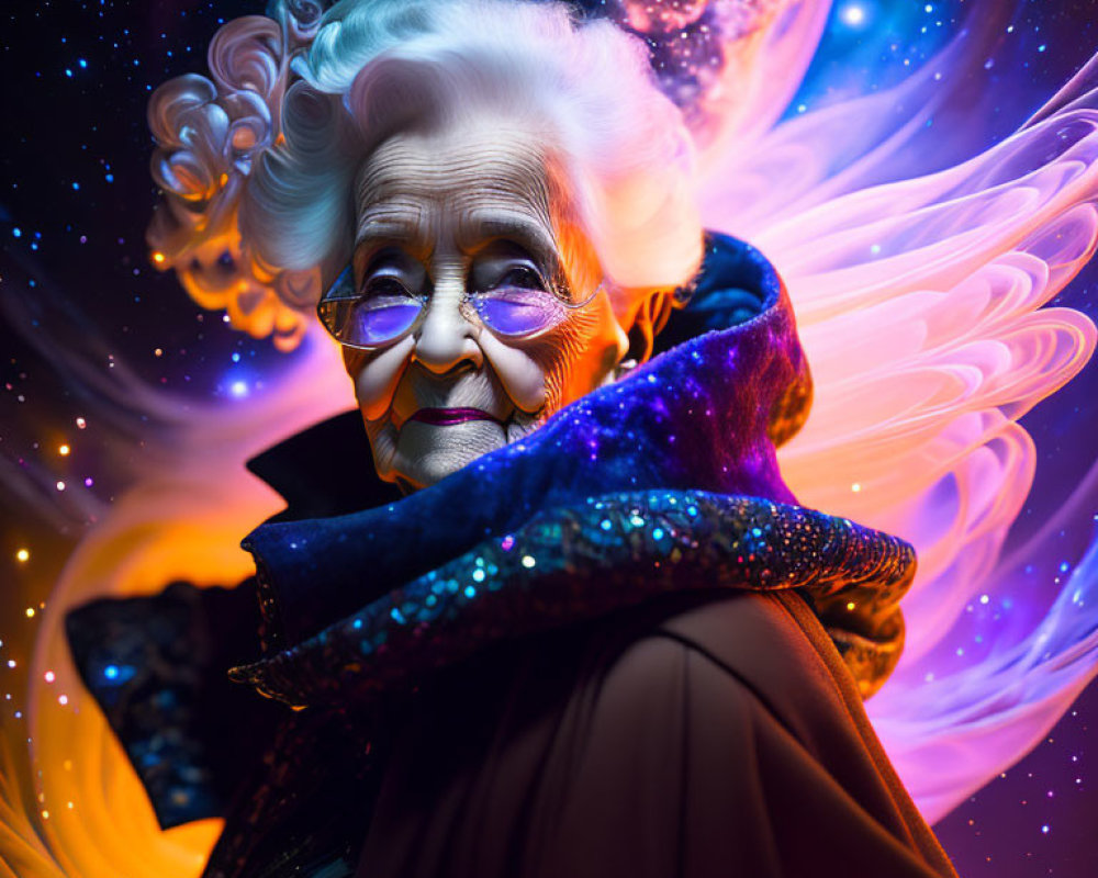 Elderly woman with stylish glasses in cosmic backdrop.