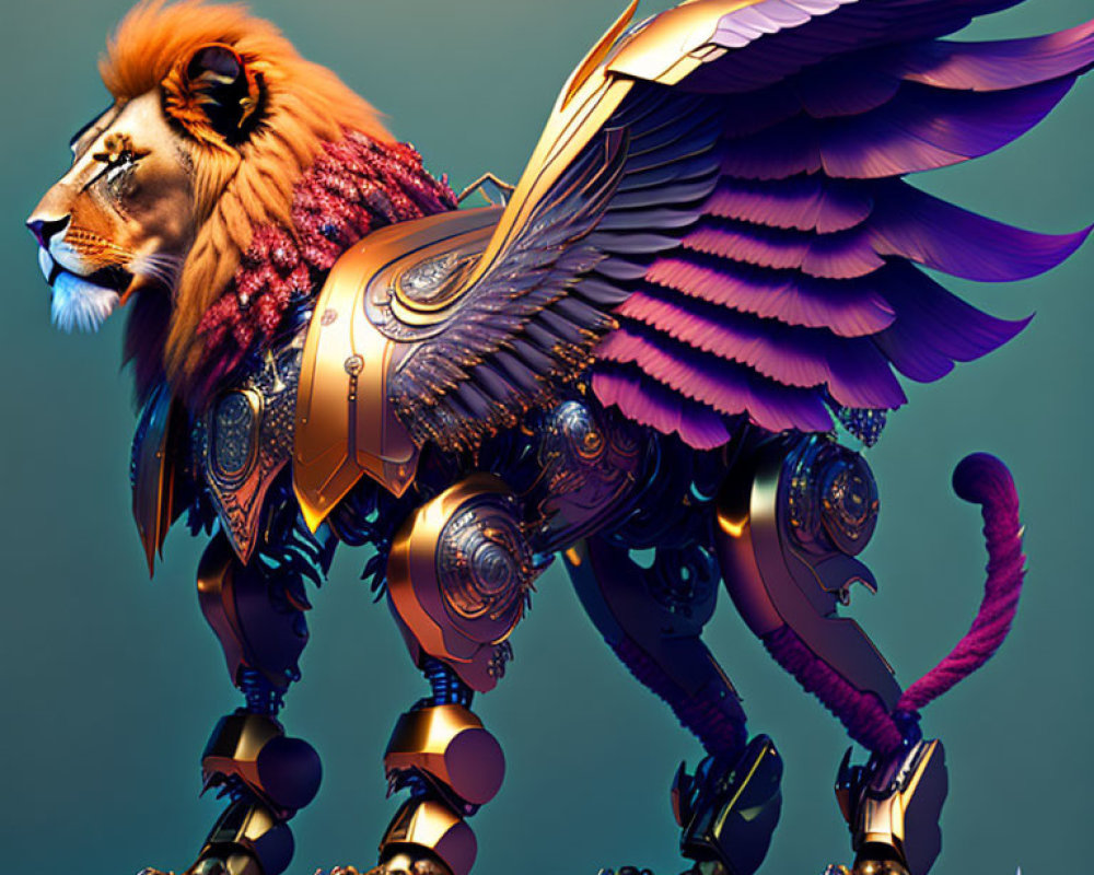 Mechanical lion with wings: intricate gears and purple feathers blend organic and cybernetic elements