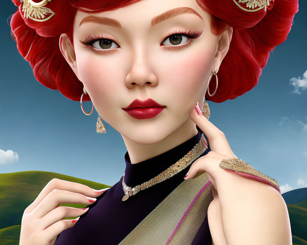 3D-rendered image of woman with red hair, golden hairpieces, and traditional attire