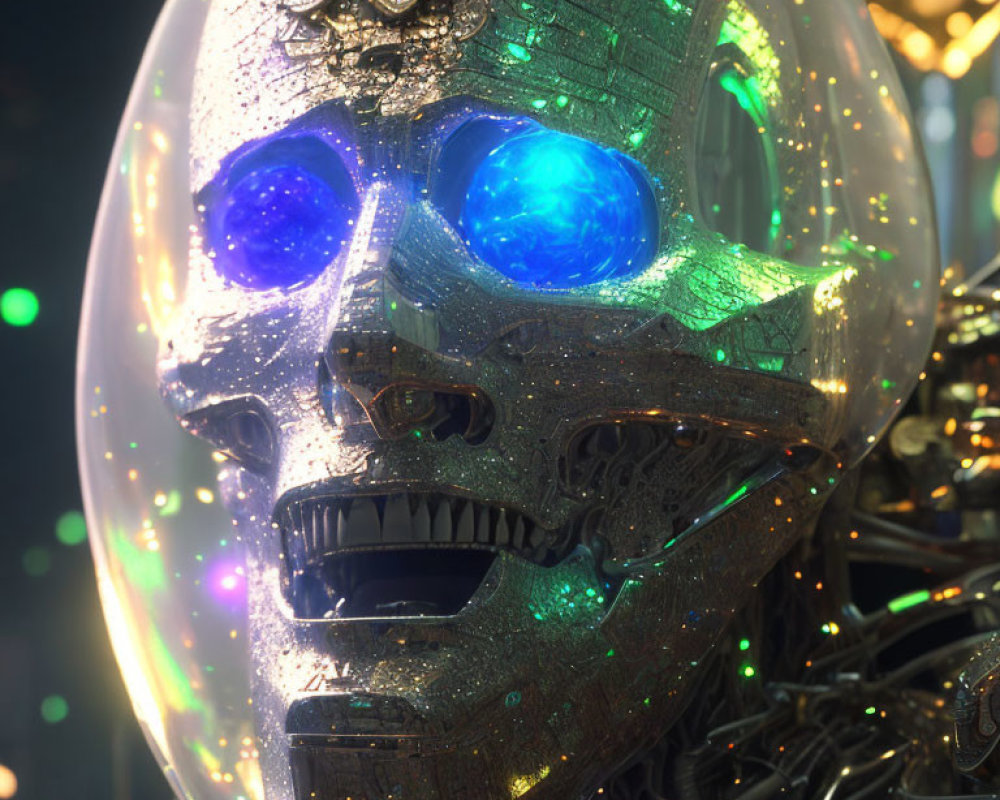 Detailed Metallic Skull with Glowing Blue Eyes