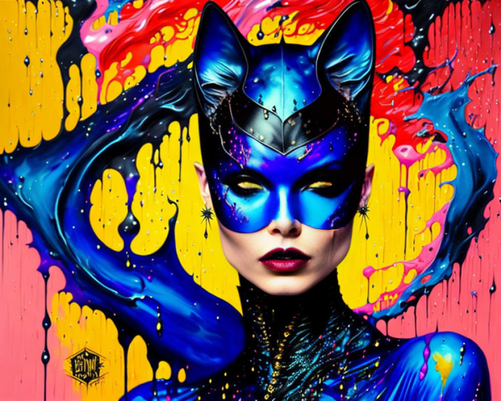 Colorful Artwork: Person with Cat Mask in Vibrant Blue and Yellow Splashes