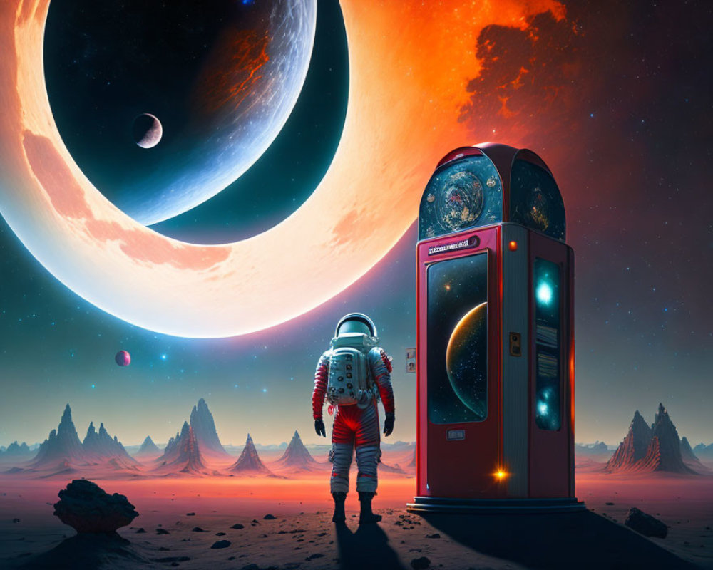 Astronaut at vintage phone booth on alien desert planet with massive rings and moons.