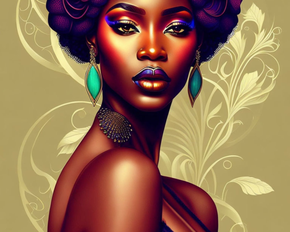 Vibrant makeup woman with headwrap and earrings on floral backdrop