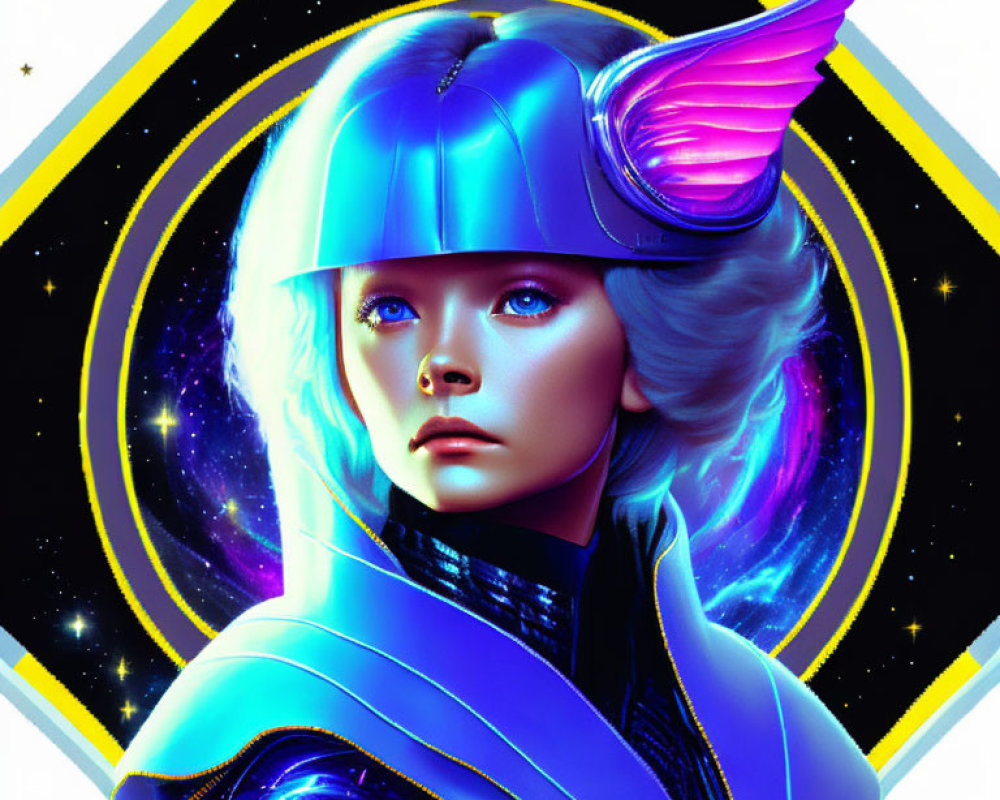 Futuristic digital portrait of woman in winged helmet against cosmic backdrop