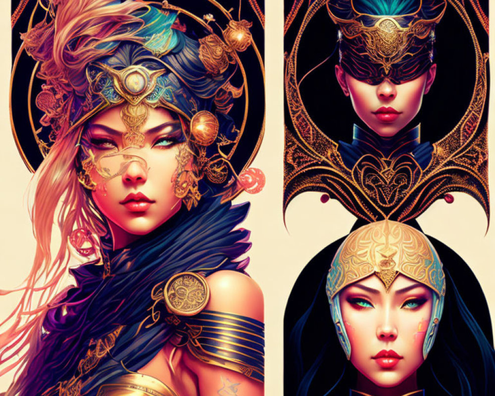 Four stylized illustrations of women with intricate gold headpieces, exuding mystical charm.