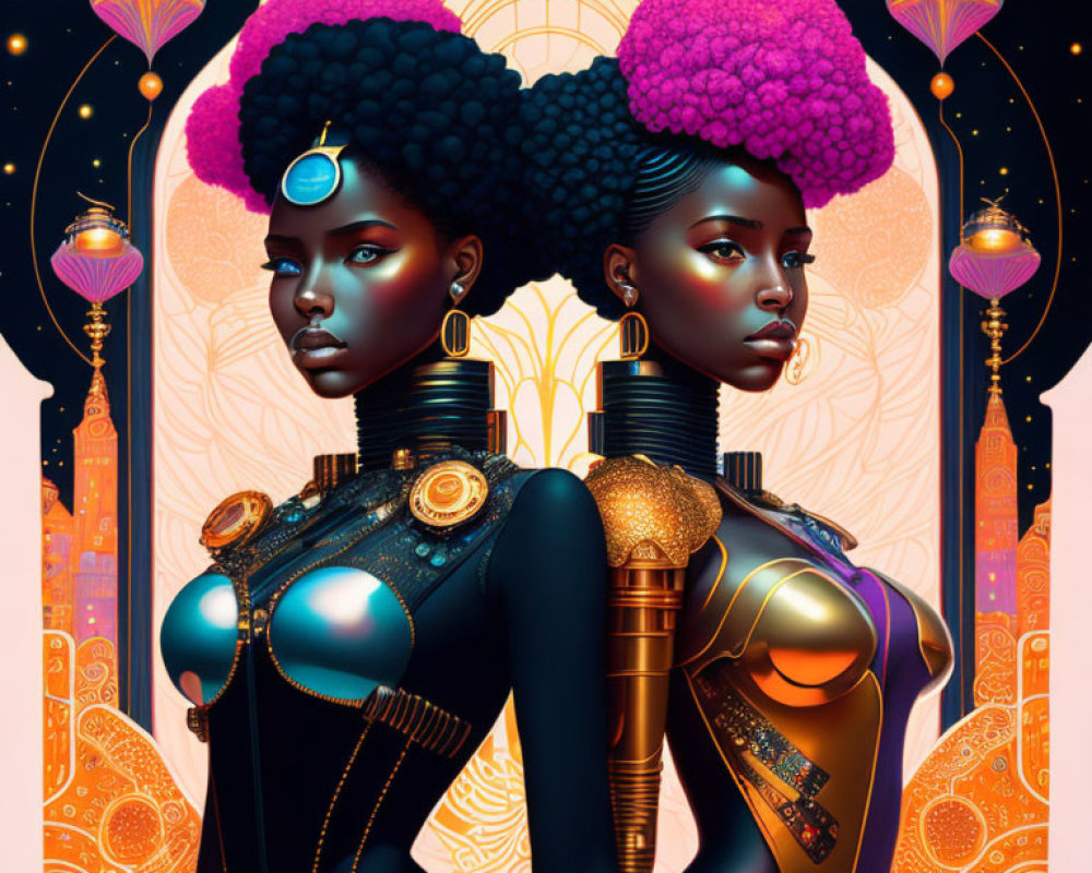 Stylized women with afro hairstyles and futuristic African-inspired jewelry in ornate celestial setting