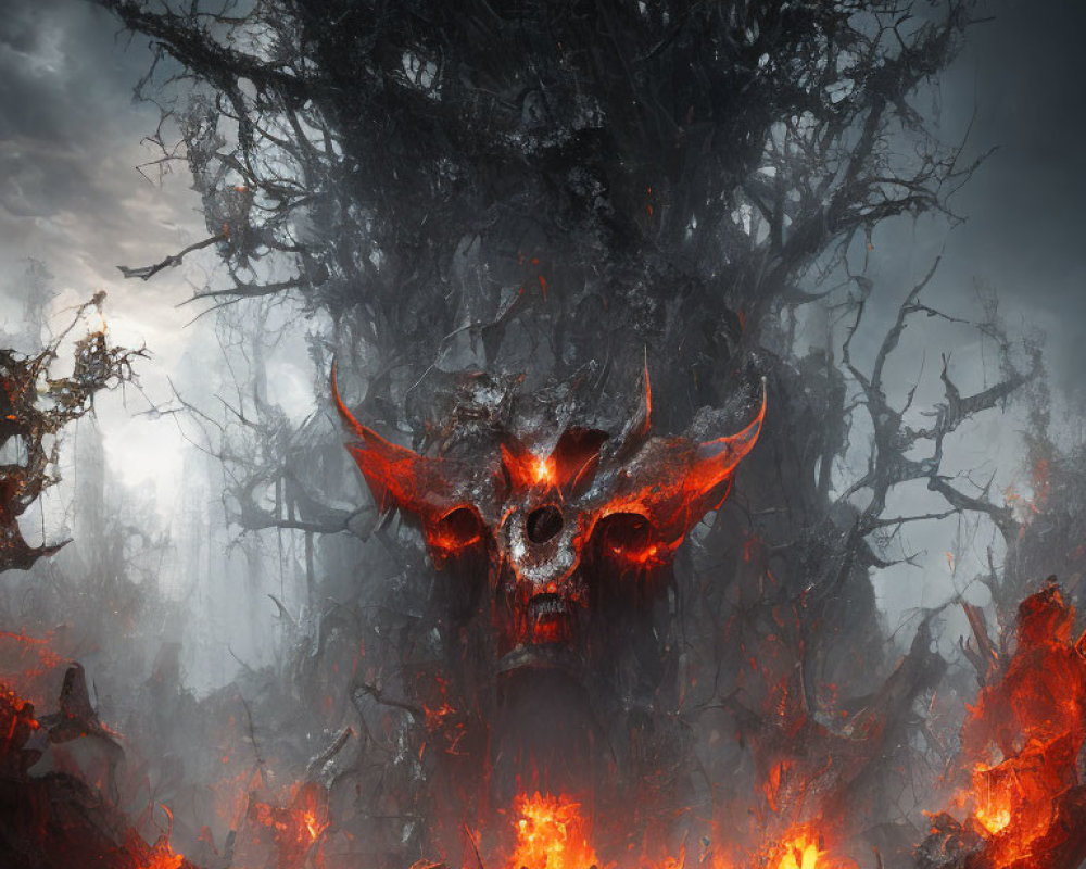 Menacing skull with large horns in eerie forest with red embers.