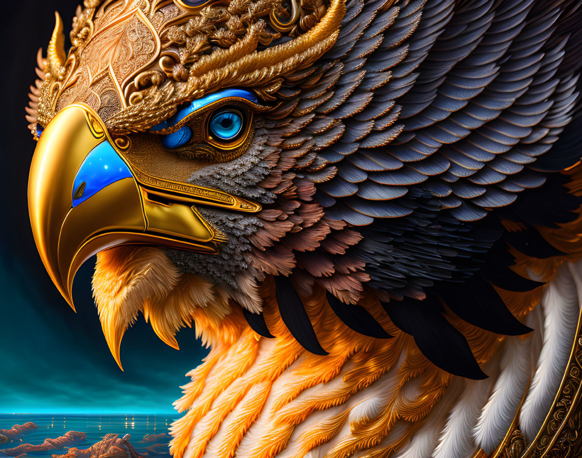 Detailed Majestic Eagle with Armor and Blue Eyes in Fantasy Landscape