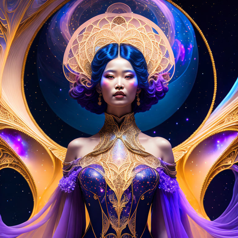 Digital art portrait of woman with blue hair in gold armor and purple dress against cosmic swirl background