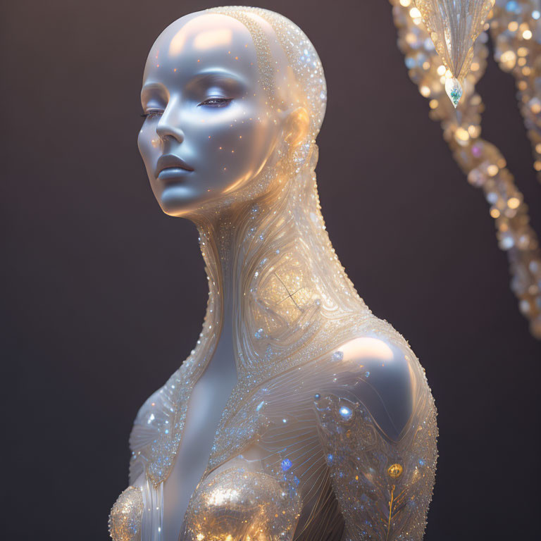 Futuristic female figure with glowing pearls and intricate patterns on dark background