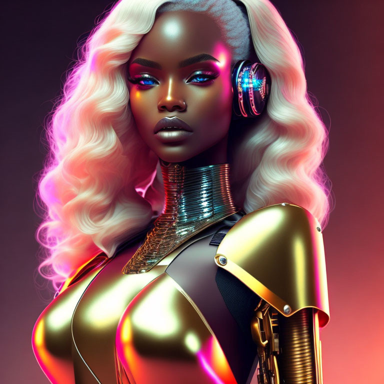 Futuristic woman with metallic skin, white hair, blue lipstick, headphones, and golden armor.