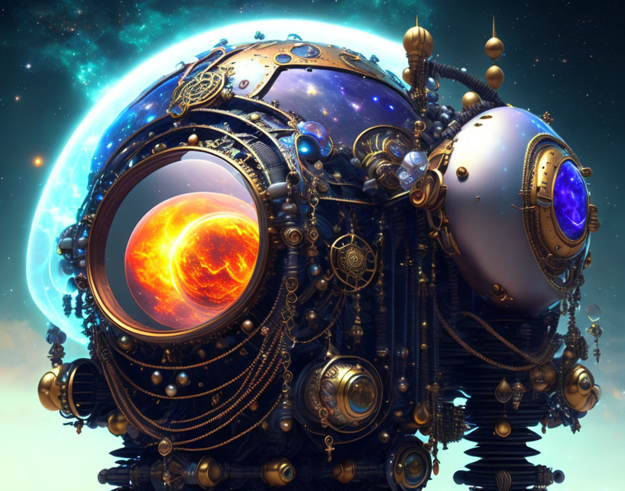 Intricate Steampunk Spherical Apparatus with Cosmic Fiery Planet