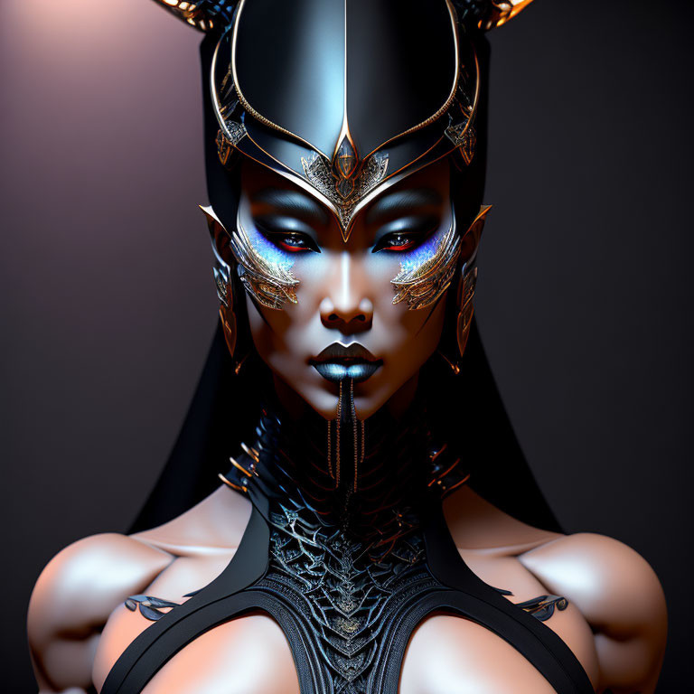 Female character digital artwork: golden headgear, red eyes, black outfit.