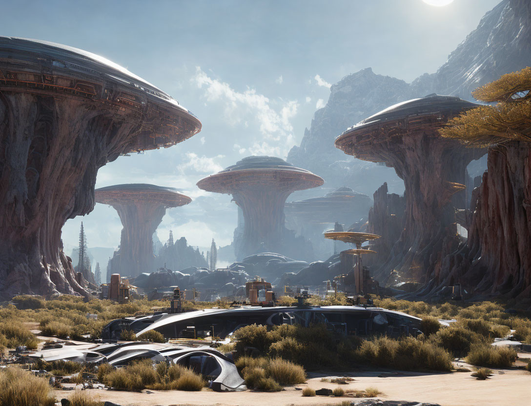 Futuristic city with mushroom-shaped structures in desert landscape