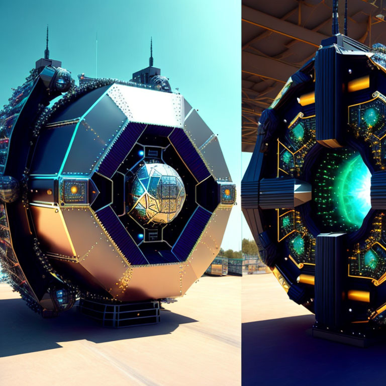 Futuristic spherical structure with glowing blue energy core