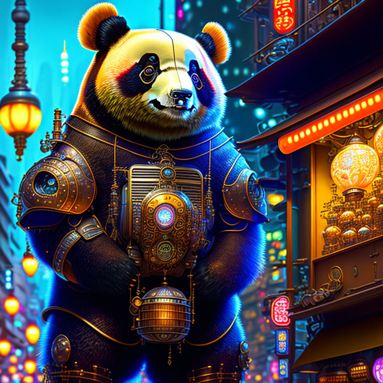 Cybernetic panda in neon-lit alley with futuristic armor