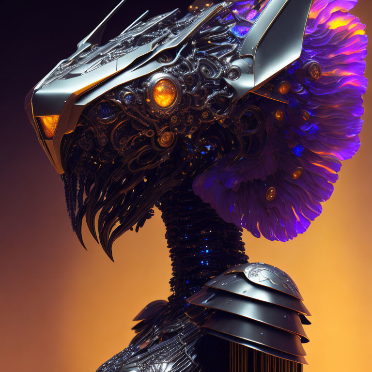 Intricate Metallic Robotic Head with Purple Plumage on Orange Gradient Background