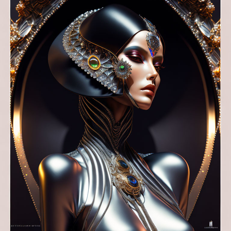 Futuristic female mannequin with metallic skin and elaborate headdress in framed backdrop