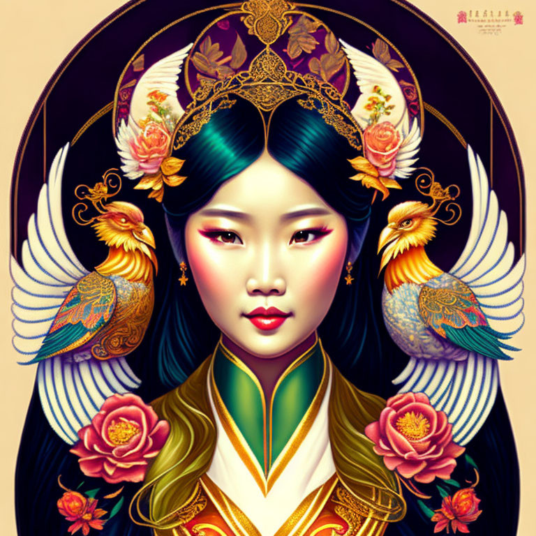 Traditional East Asian woman illustration with phoenix headdress and floral backdrop