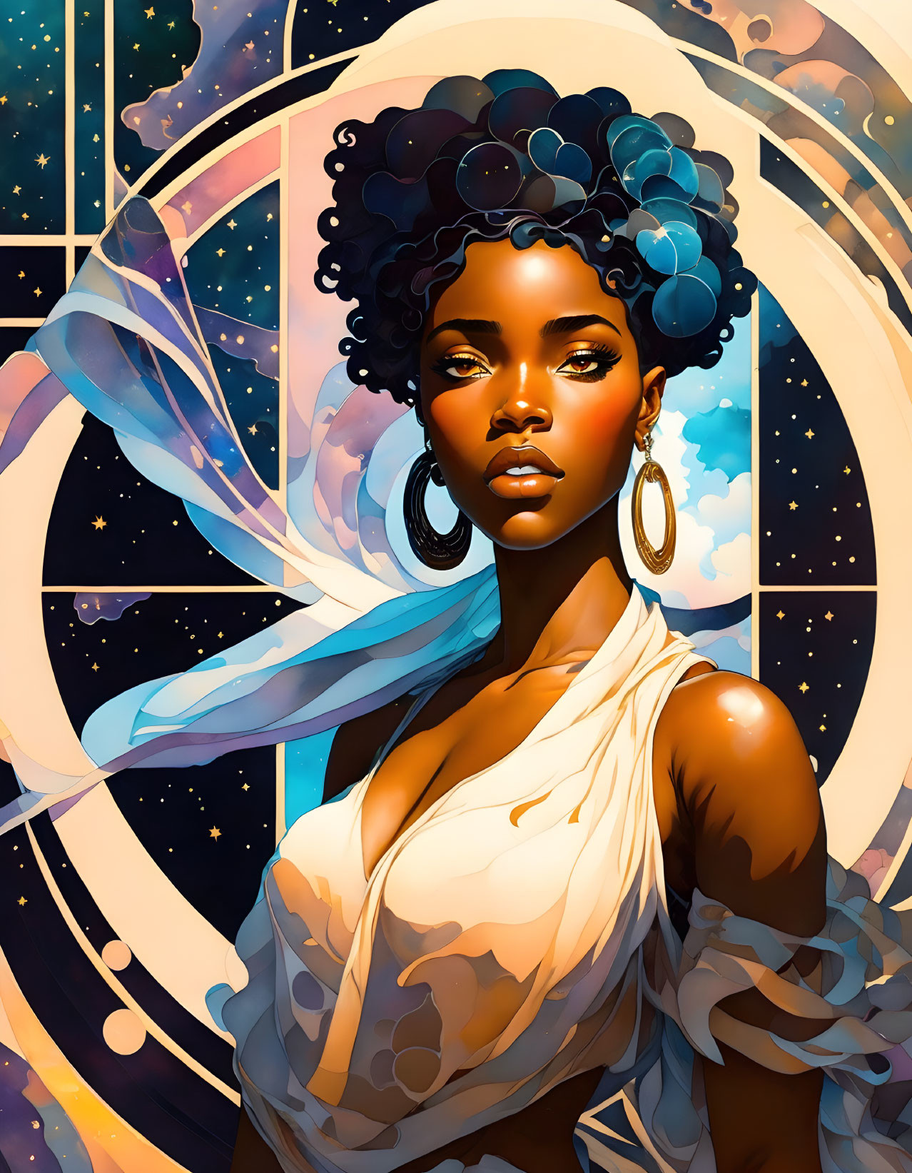 Illustrated portrait of woman with afro hair in cosmic background.