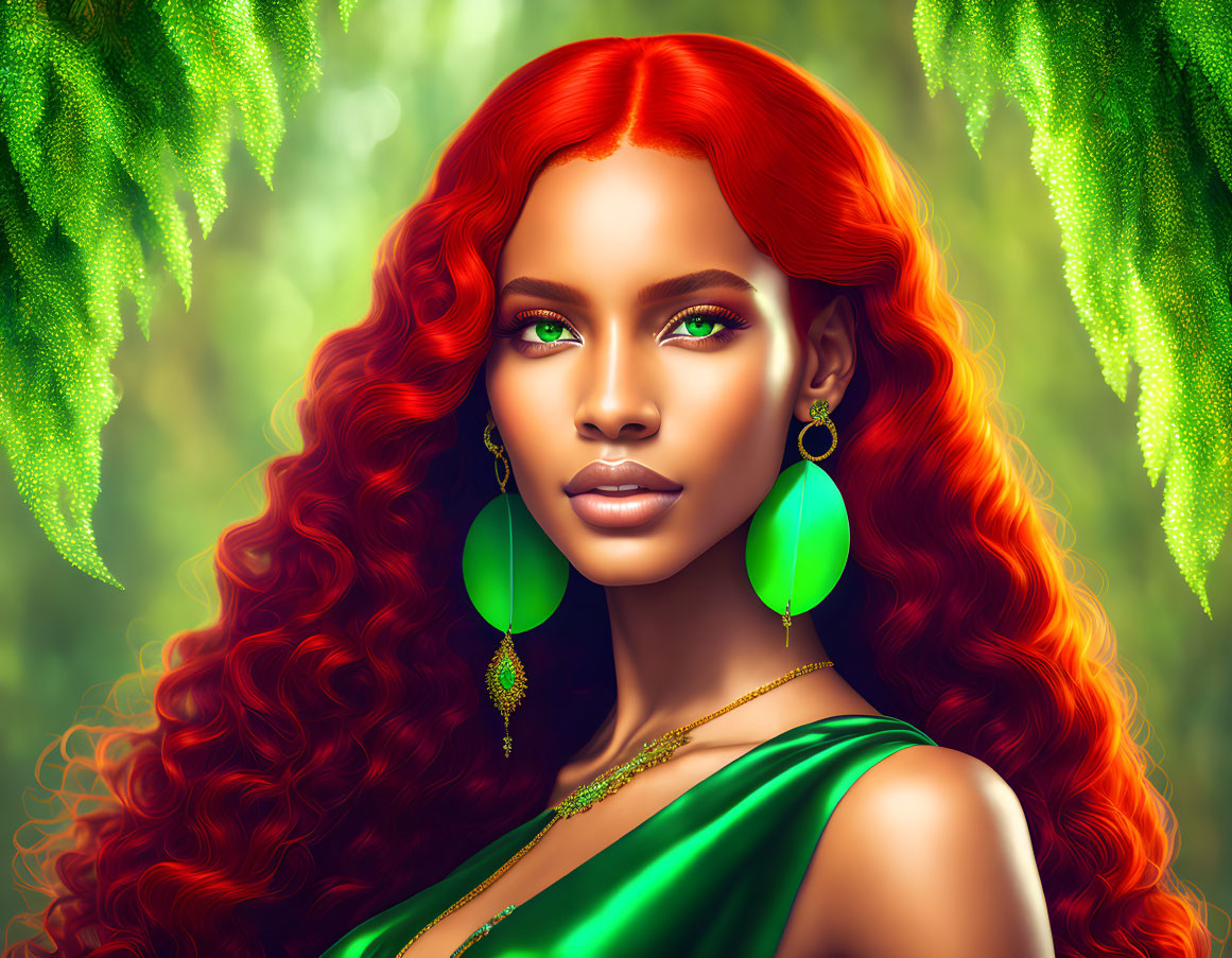 Vibrant woman with red hair and green eyes in green attire among lush greenery